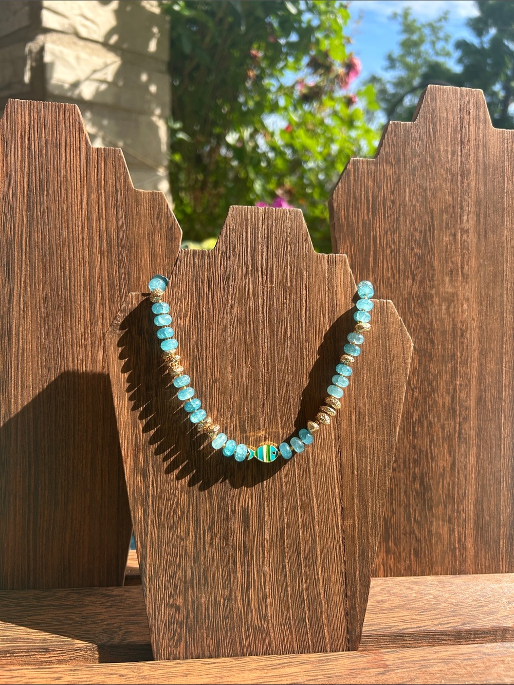 Handmade Teal Beaded Necklace with Fish Accent - Gold Detail OOAK